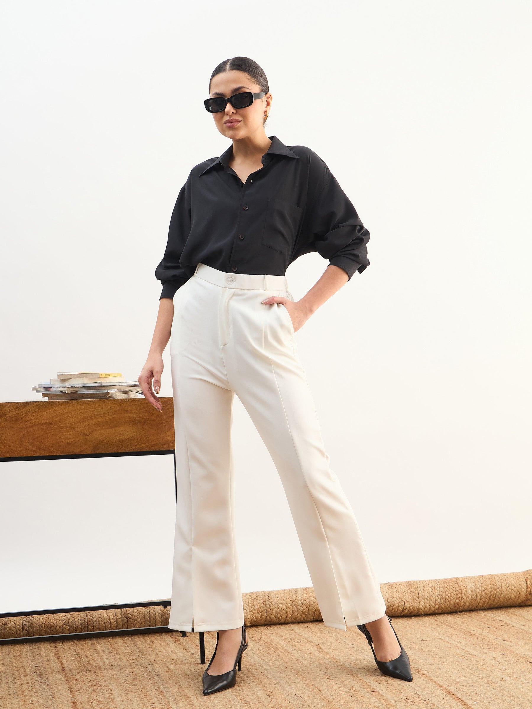 White Front Slit Bellbottom Pants-SASSAFRAS worklyf