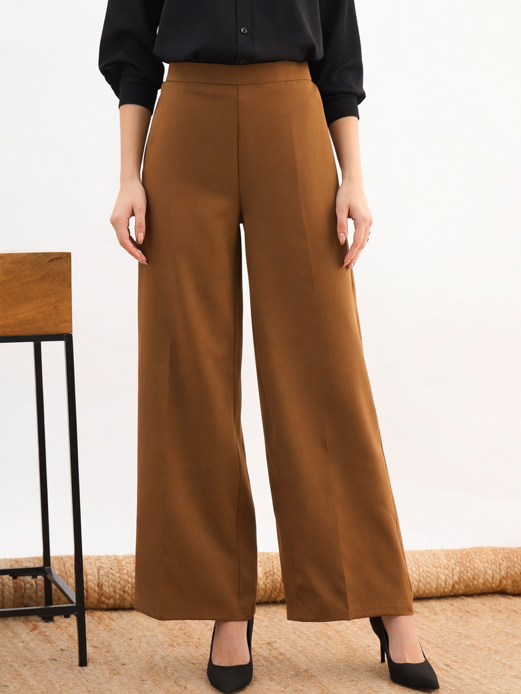 Tan Brown Elasticated Straight Fit Pants-SASSAFRAS worklyf