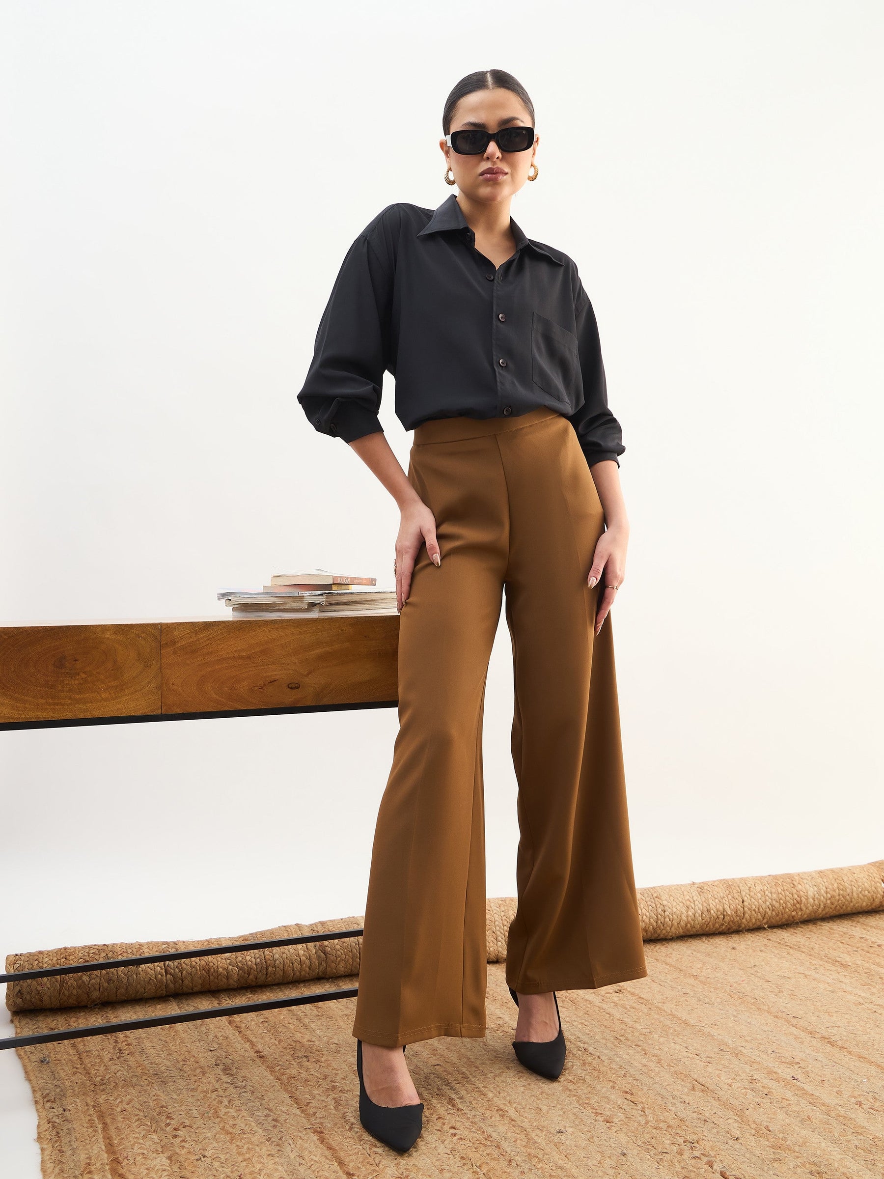 Tan Brown Elasticated Straight Fit Pants-SASSAFRAS worklyf