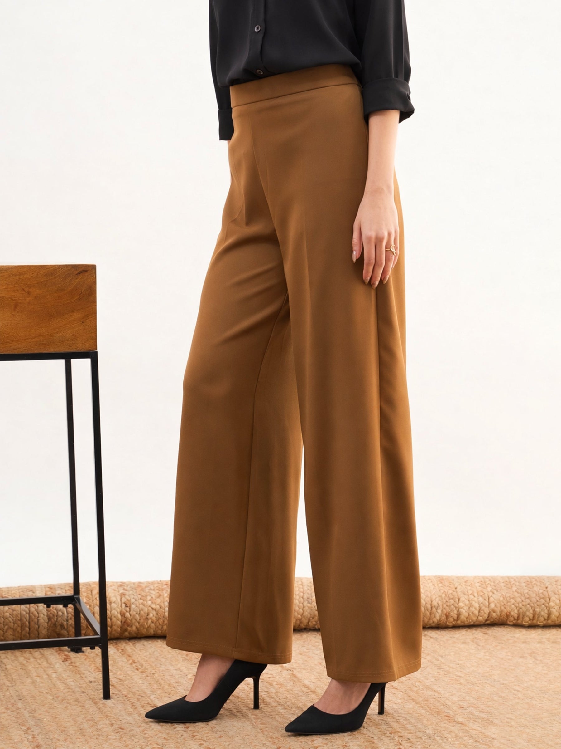 Tan Brown Elasticated Straight Fit Pants-SASSAFRAS worklyf