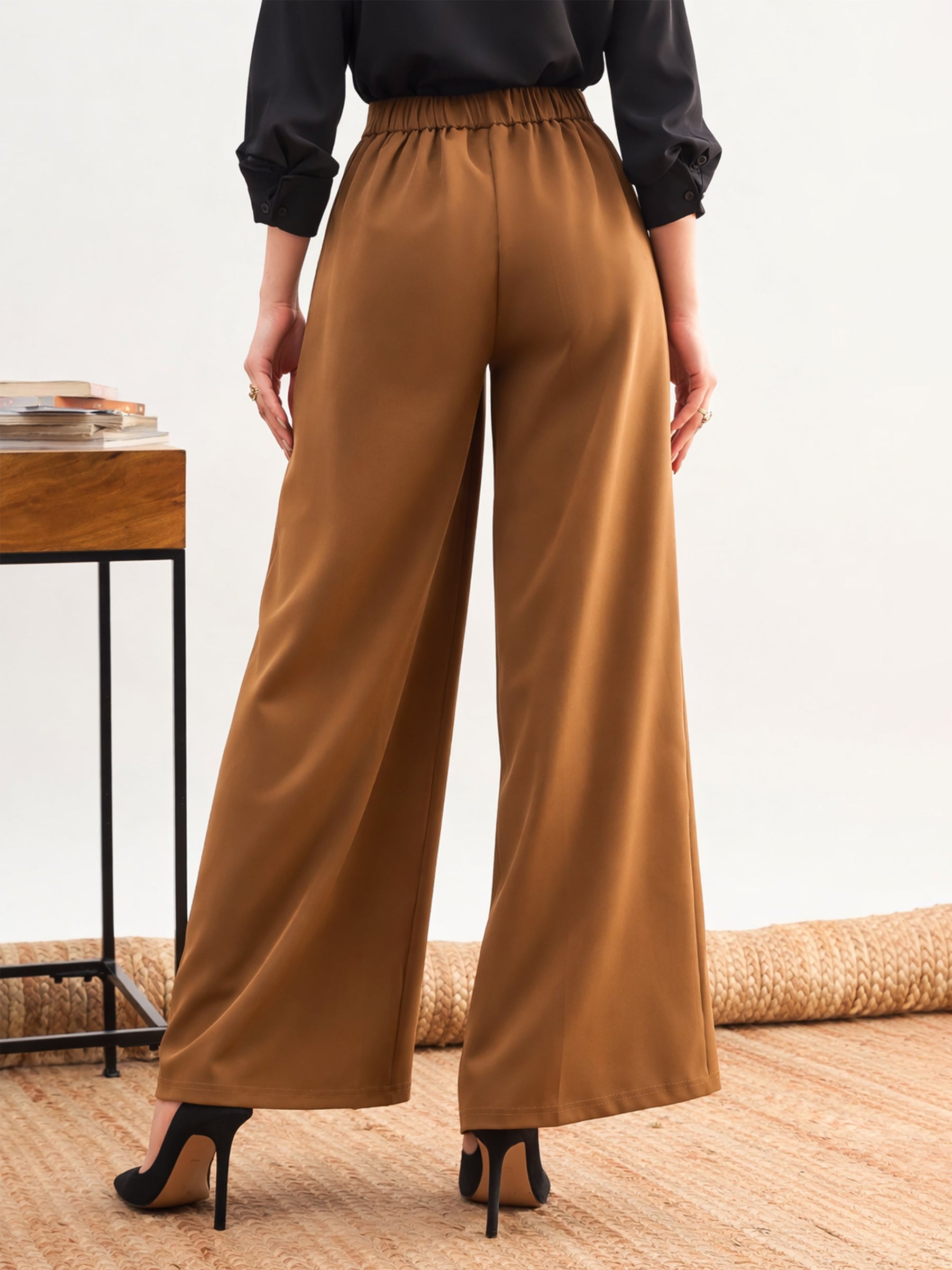 Tan Brown Elasticated Straight Fit Pants-SASSAFRAS worklyf