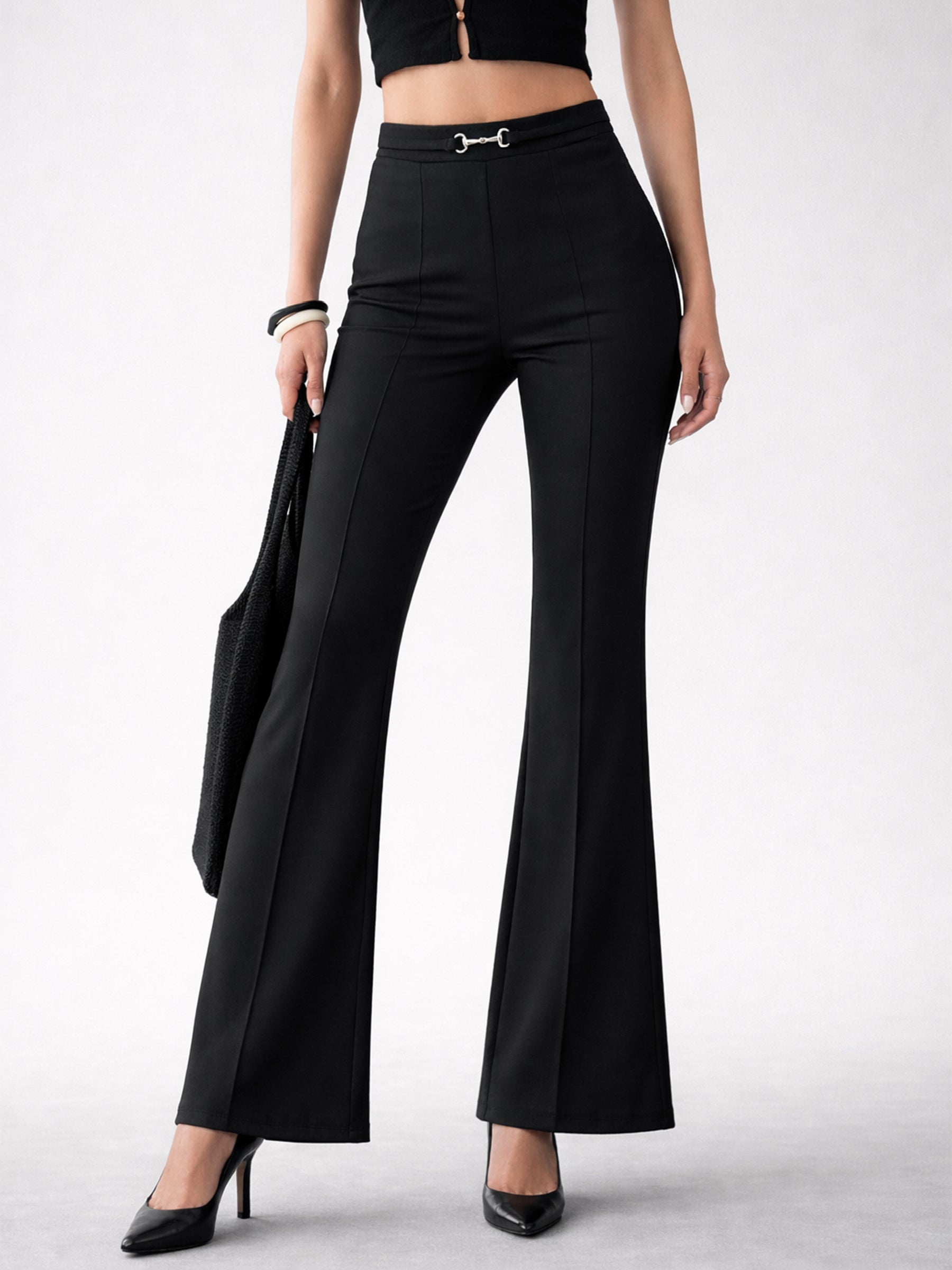 Black Front Metal Trim Bell Bottom Pants-SASSAFRAS worklyf