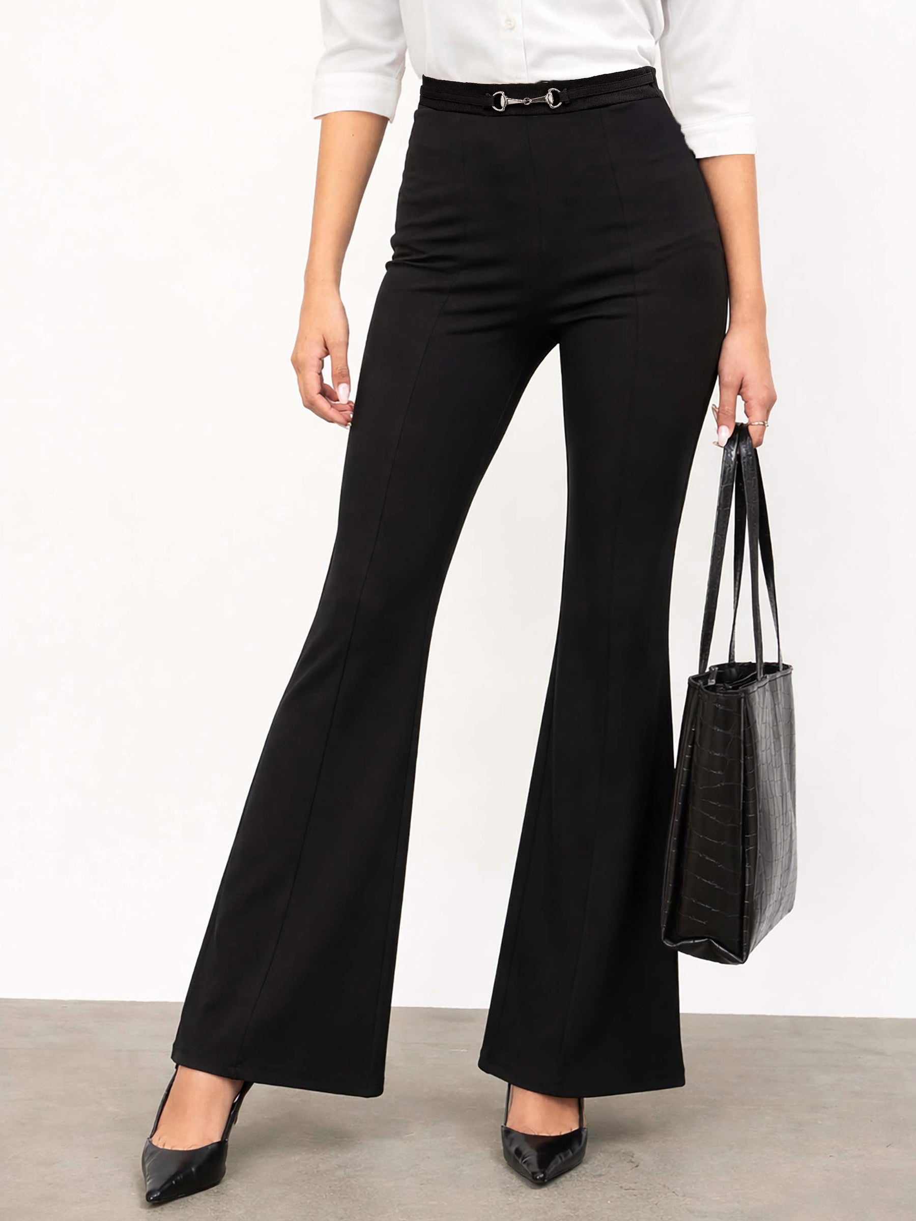 Black Front Metal Trim Bell Bottom Pants-SASSAFRAS worklyf
