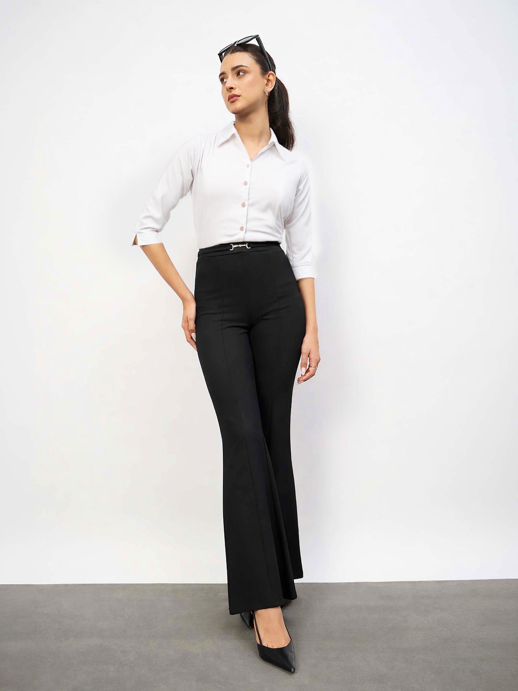 Black Front Metal Trim Bell Bottom Pants-SASSAFRAS worklyf