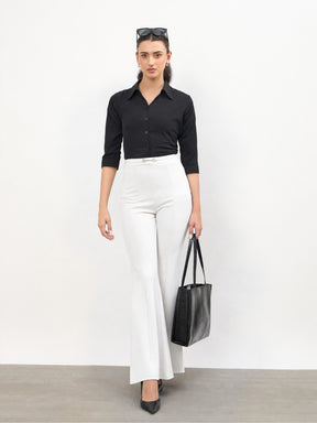 White Front Metal Trim Bell Bottom Pants-SASSAFRAS worklyf