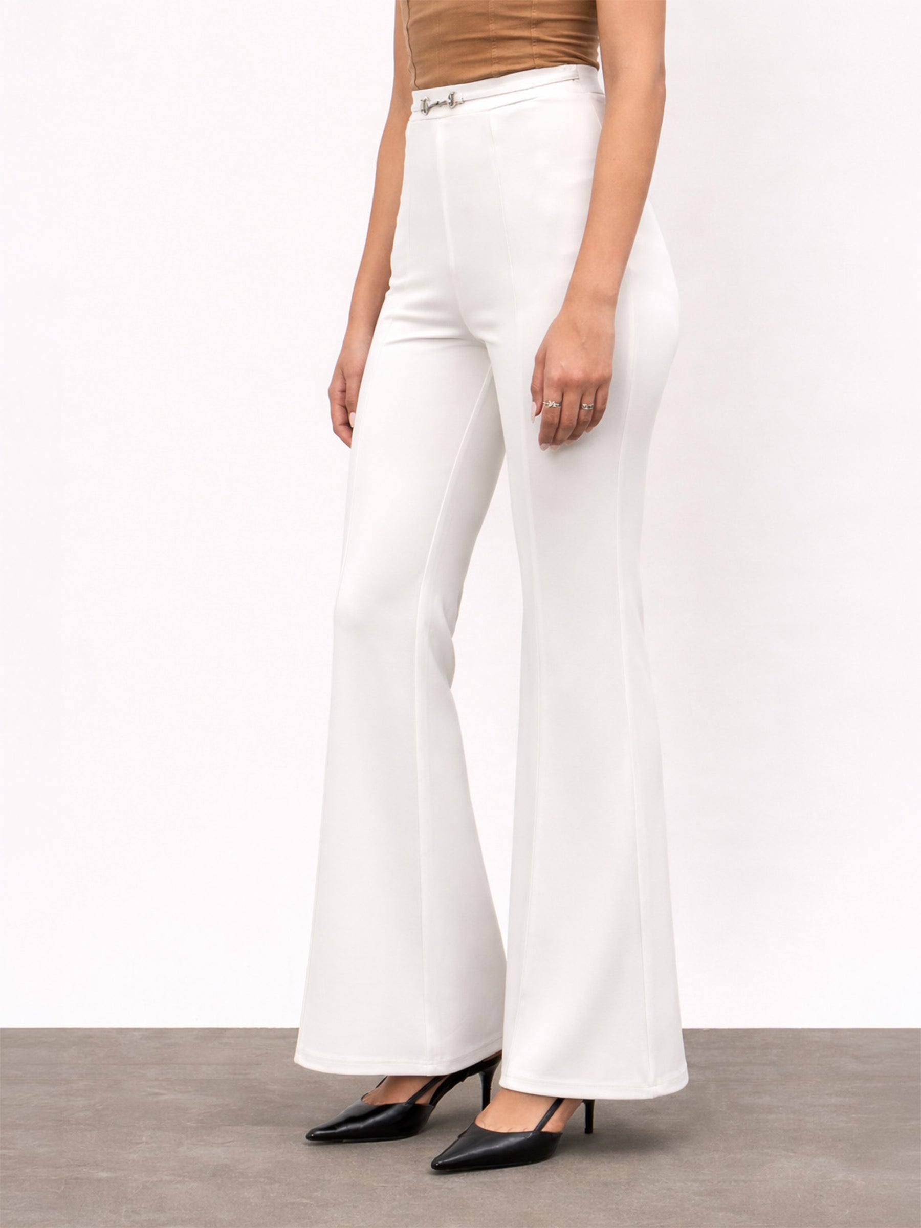 White Front Metal Trim Bell Bottom Pants-SASSAFRAS worklyf