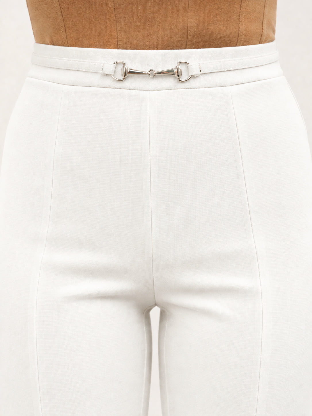 White Front Metal Trim Bell Bottom Pants-SASSAFRAS worklyf