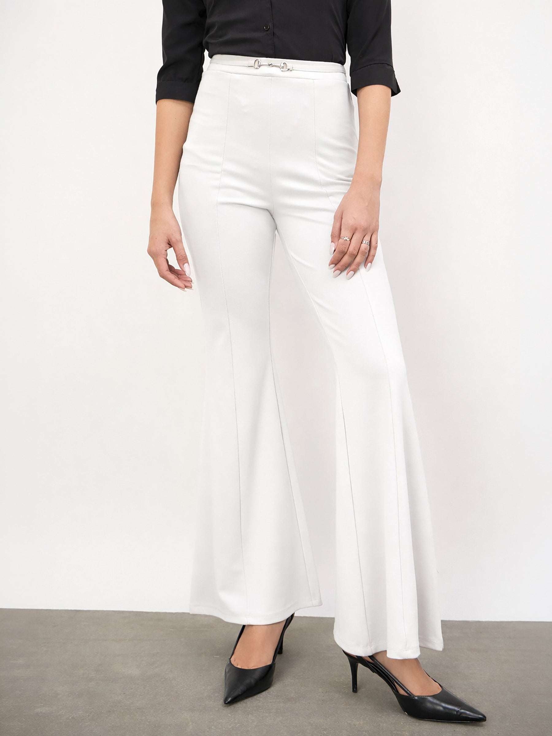 Women White Front Metal Trim Bell Bottom Pants