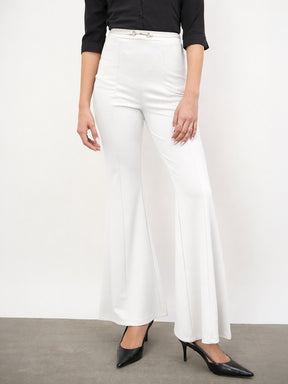 Women White Front Metal Trim Bell Bottom Pants