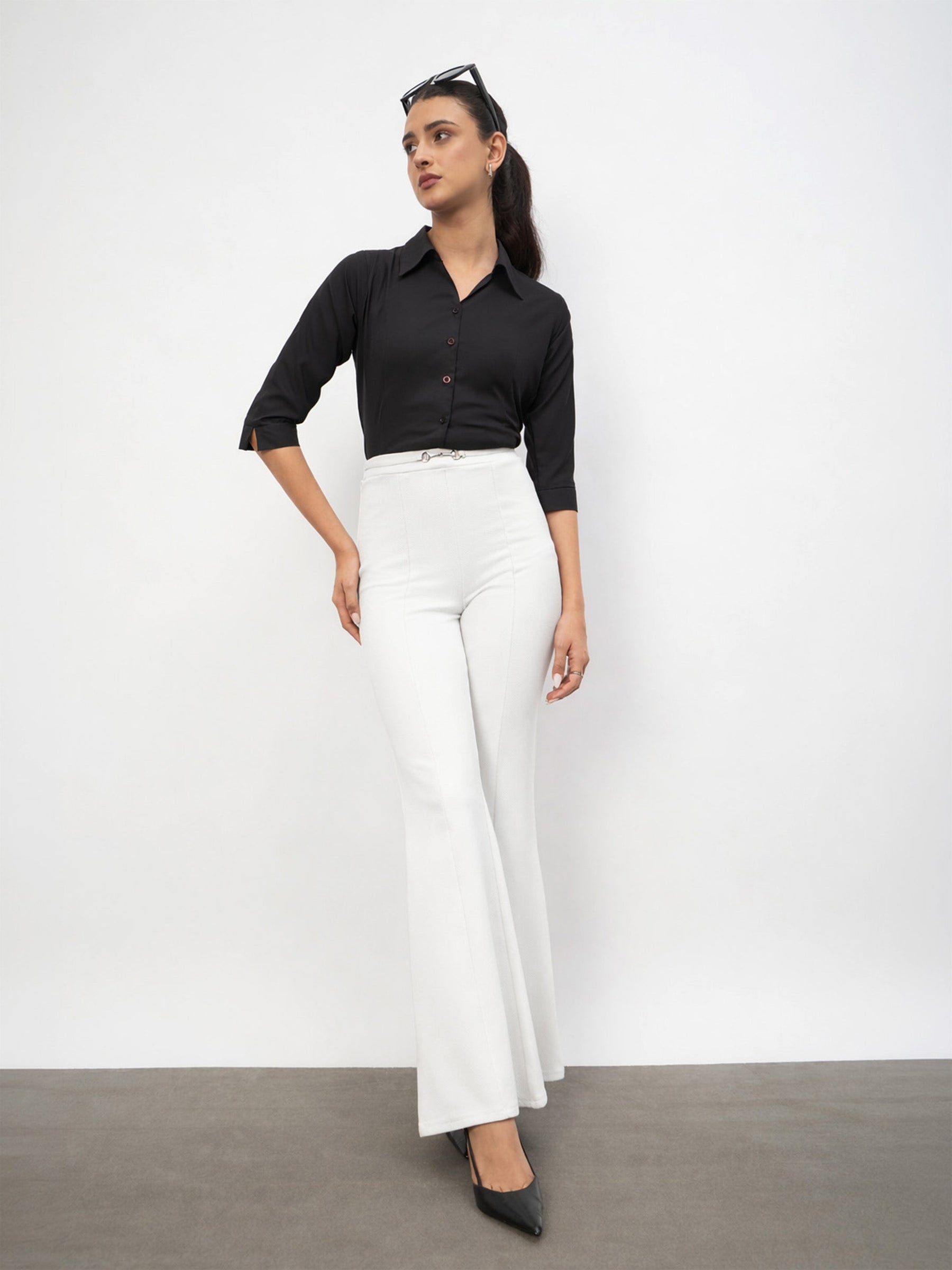 Women White Front Metal Trim Bell Bottom Pants