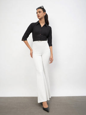 Women White Front Metal Trim Bell Bottom Pants