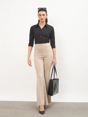 Beige Front Metal Trim Bell Bottom Pants-SASSAFRAS worklyf
