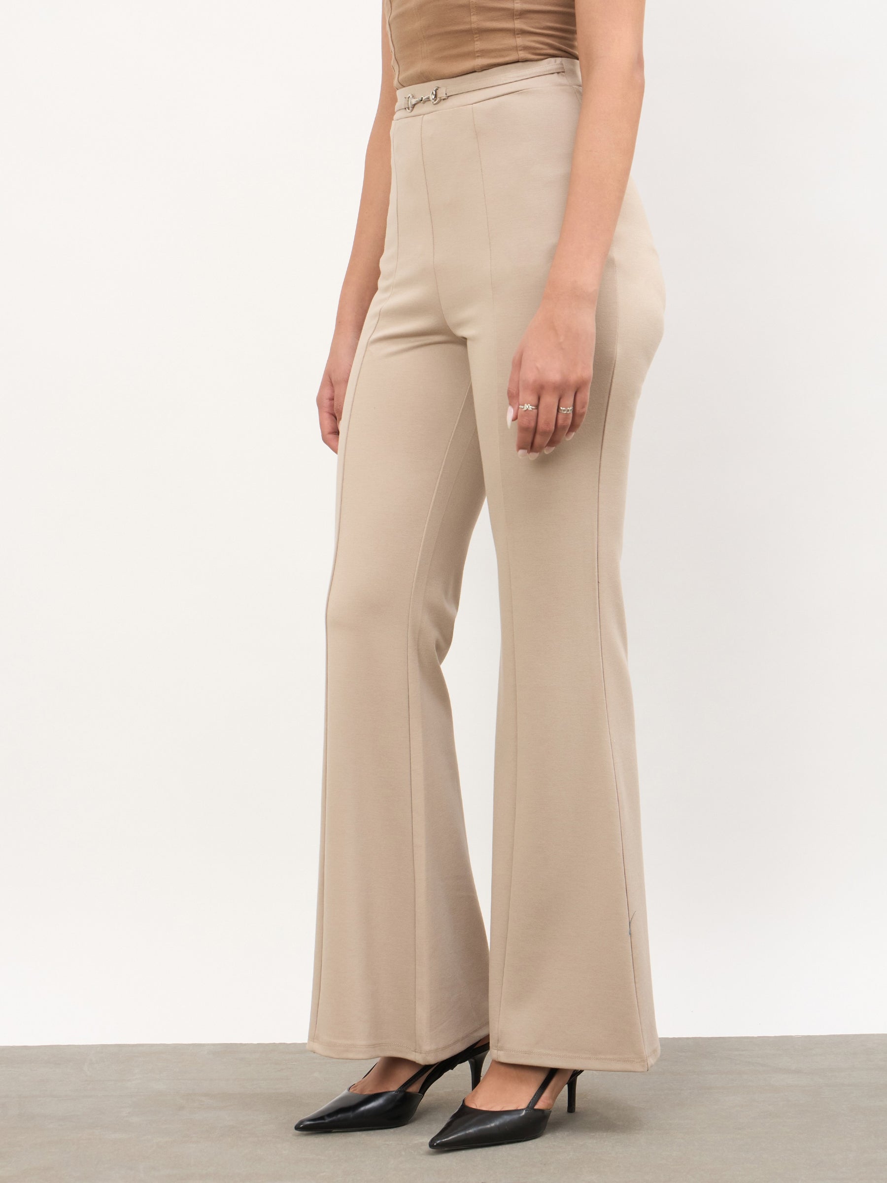 Beige Front Metal Trim Bell Bottom Pants-SASSAFRAS worklyf