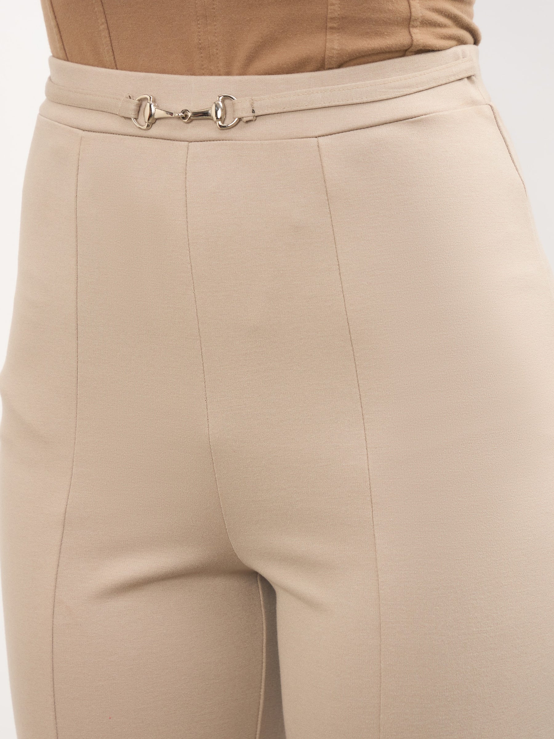 Beige Front Metal Trim Bell Bottom Pants-SASSAFRAS worklyf