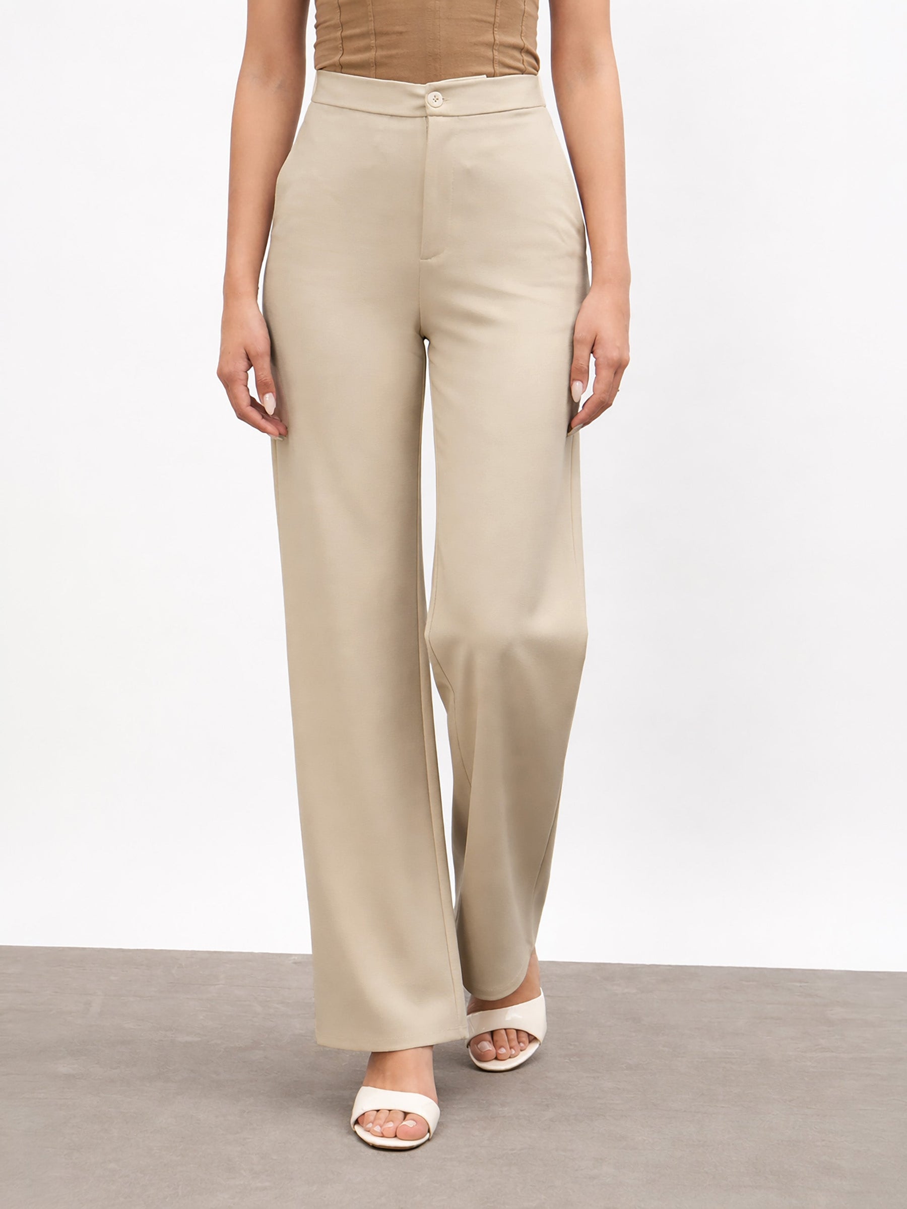 Women Beige Roma Straight Fit Pants