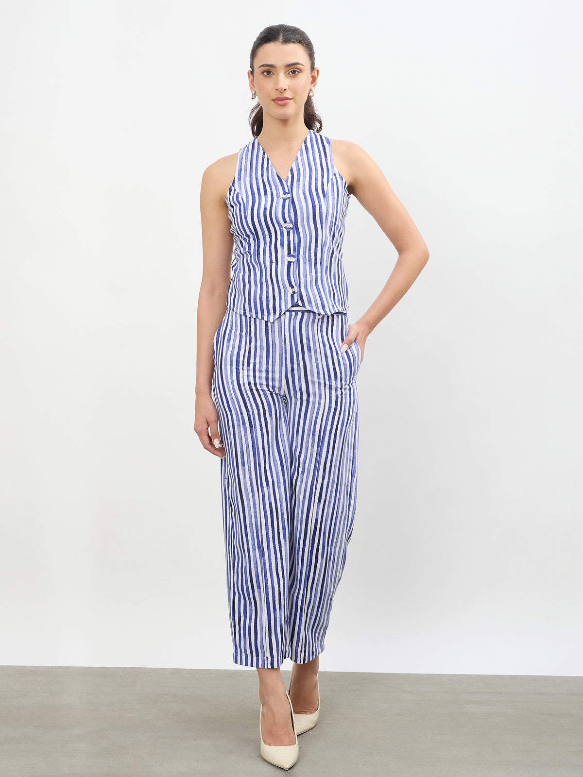 Blue Linen Striped Darted Slouchy Pants-SASSAFRAS worklyf