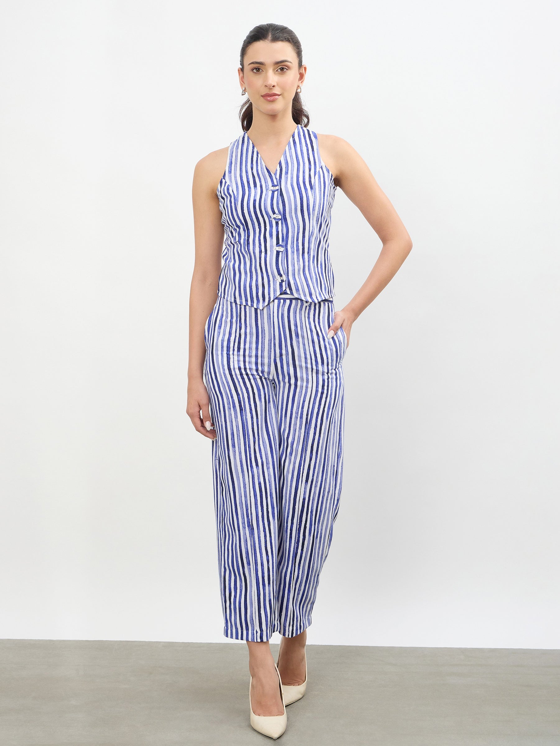Blue Linen Striped Darted Slouchy Pants-SASSAFRAS worklyf