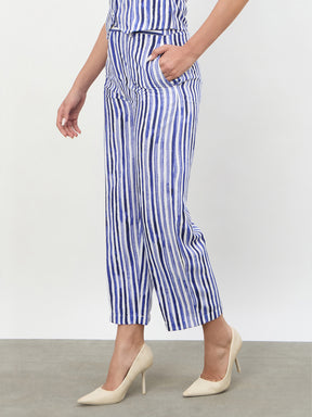 Blue Linen Striped Darted Slouchy Pants-SASSAFRAS worklyf