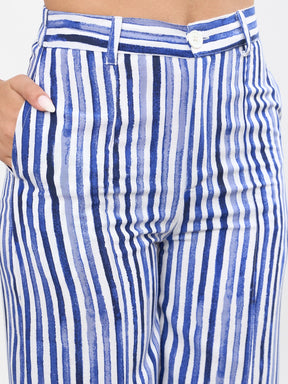 Blue Linen Striped Darted Slouchy Pants-SASSAFRAS worklyf
