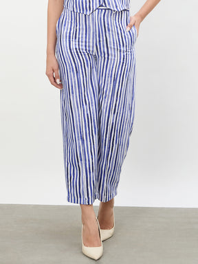 Blue Linen Striped Darted Slouchy Pants-SASSAFRAS worklyf