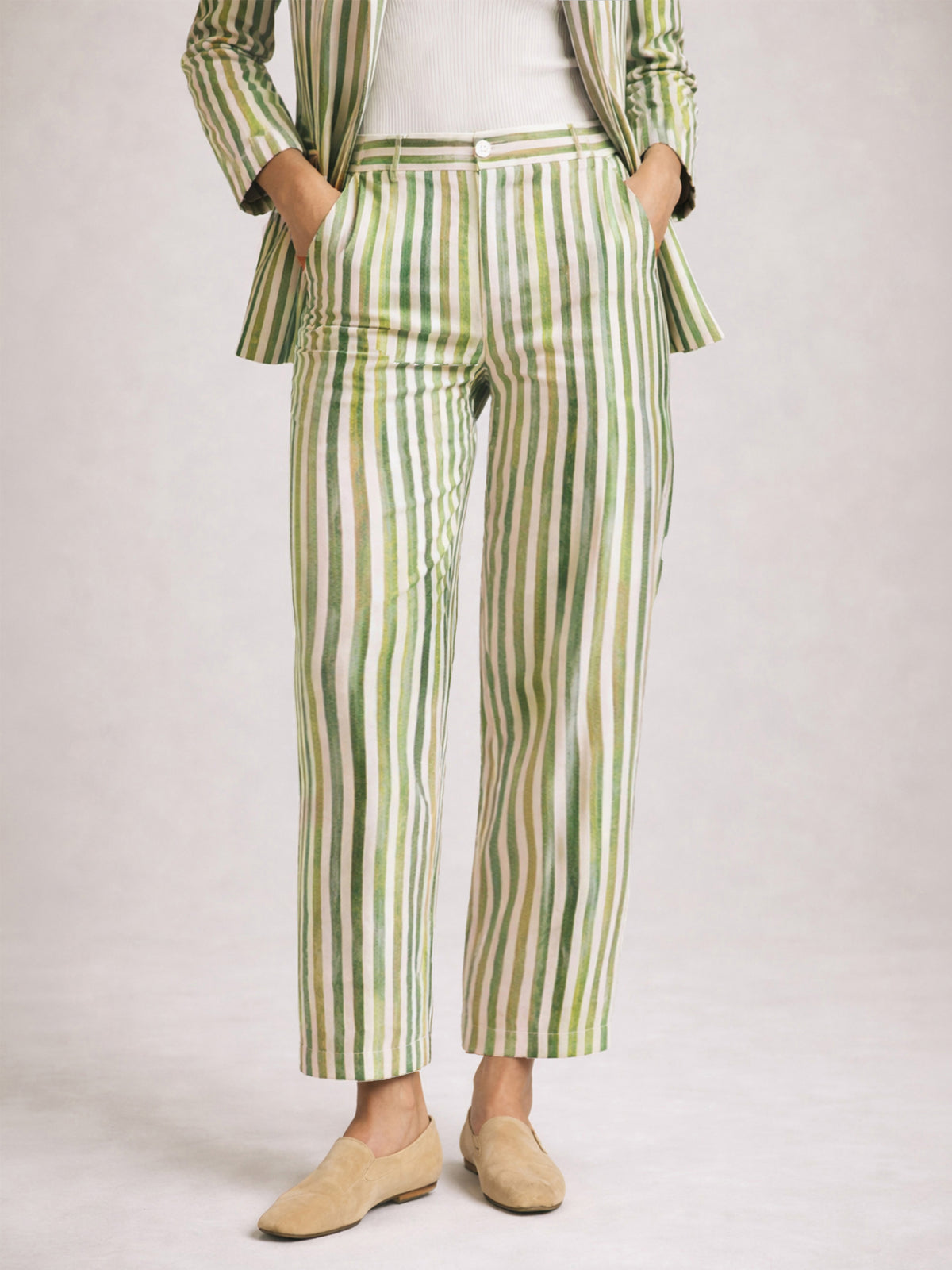 Green Linen Striped Darted Slouchy Pants-SASSAFRAS worklyf