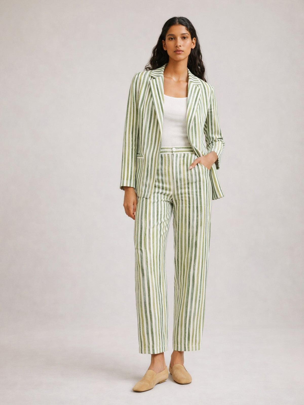Green Linen Striped Darted Slouchy Pants-SASSAFRAS worklyf