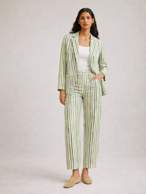 Green Linen Striped Darted Slouchy Pants-SASSAFRAS worklyf