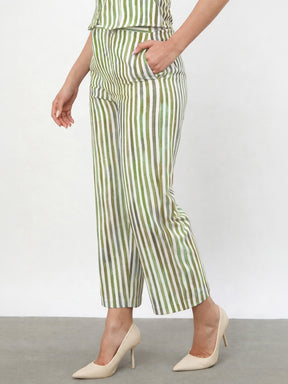 Green Linen Striped Darted Slouchy Pants-SASSAFRAS worklyf