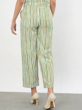 Green Linen Striped Darted Slouchy Pants-SASSAFRAS worklyf