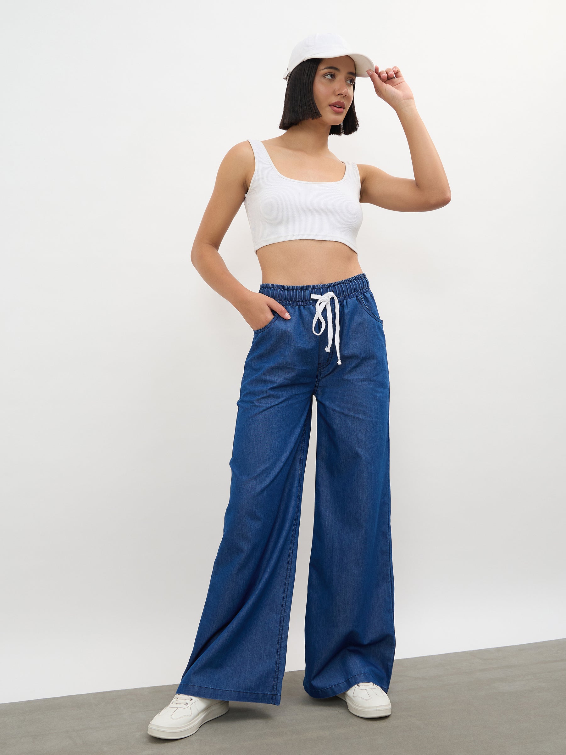 Navy Elasticated Tencel Straight Pants-SASSAFRAS