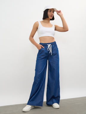 Navy Elasticated Tencel Straight Pants-SASSAFRAS