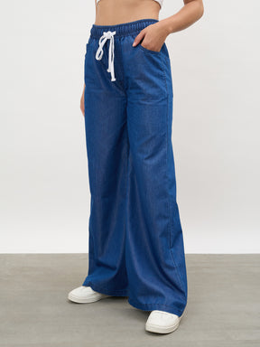Navy Elasticated Tencel Straight Pants-SASSAFRAS