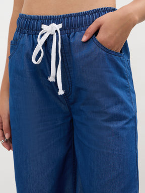 Navy Elasticated Tencel Straight Pants-SASSAFRAS