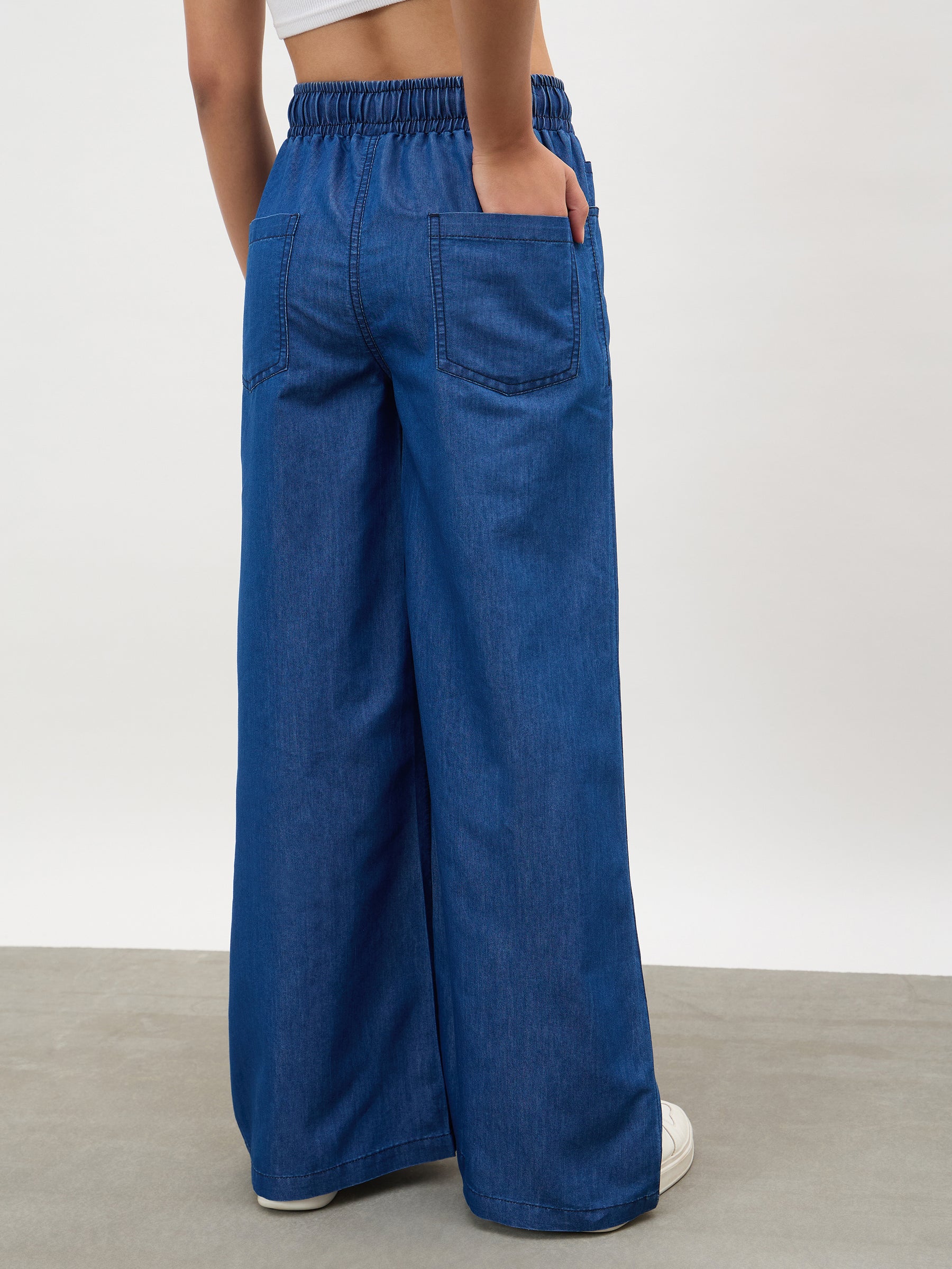 Navy Elasticated Tencel Straight Pants-SASSAFRAS