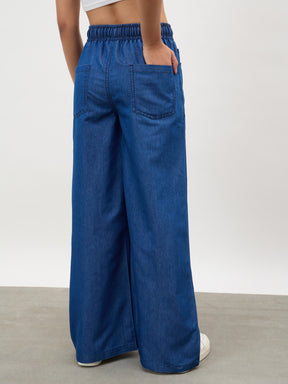 Navy Elasticated Tencel Straight Pants-SASSAFRAS