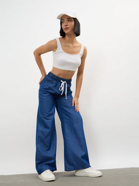 Women Navy Elasticated Tencel Straight Pants