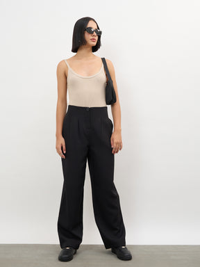 Black Dual-Dart No-waistband Mid Rise Korean Pants-SASSAFRAS