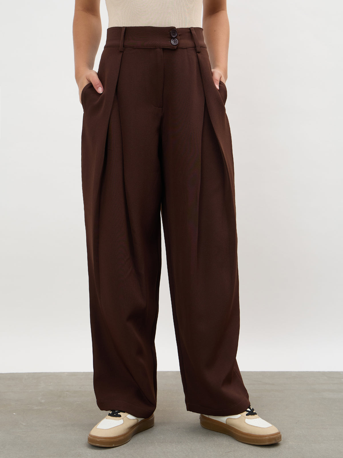 Dark Brown Overlapping Pleats Korean Pants-SASSAFRAS