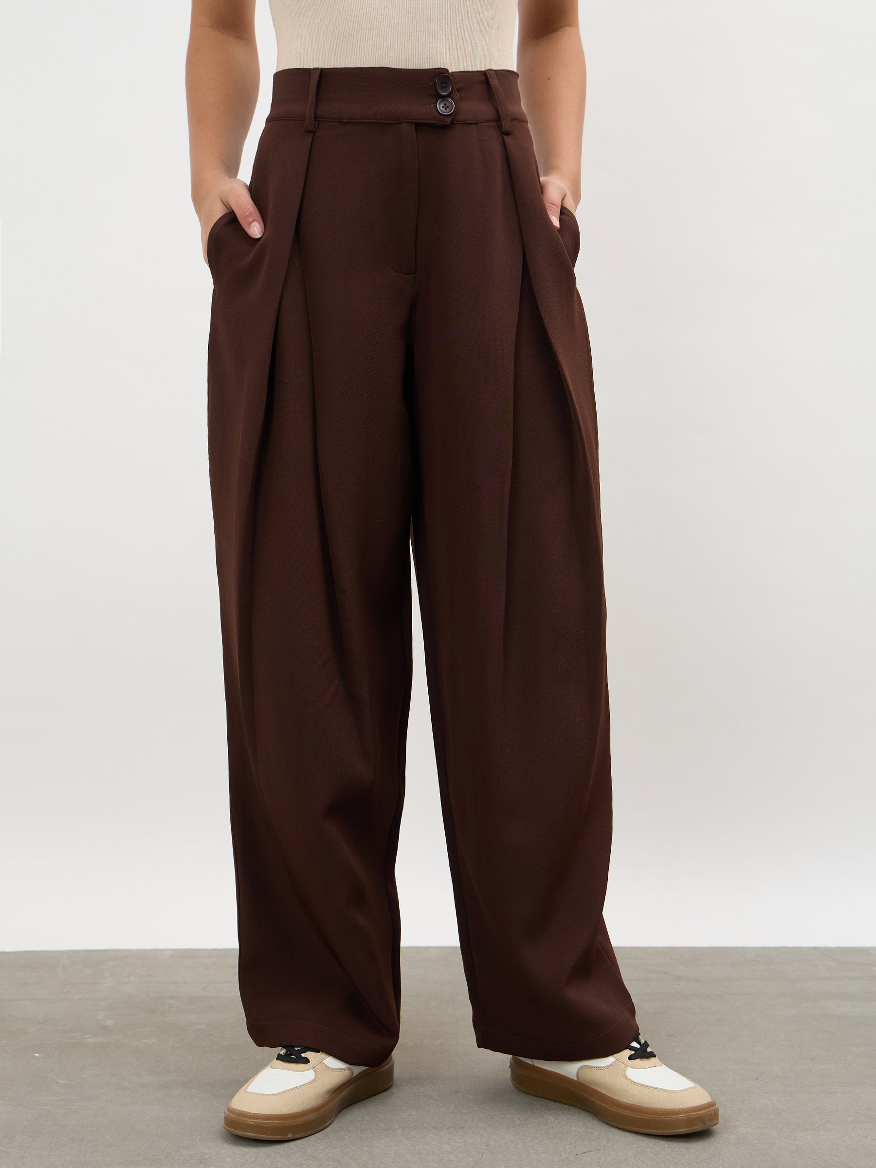 Dark Brown Overlapping Pleats Korean Pants-SASSAFRAS