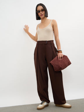 Dark Brown Overlapping Pleats Korean Pants-SASSAFRAS