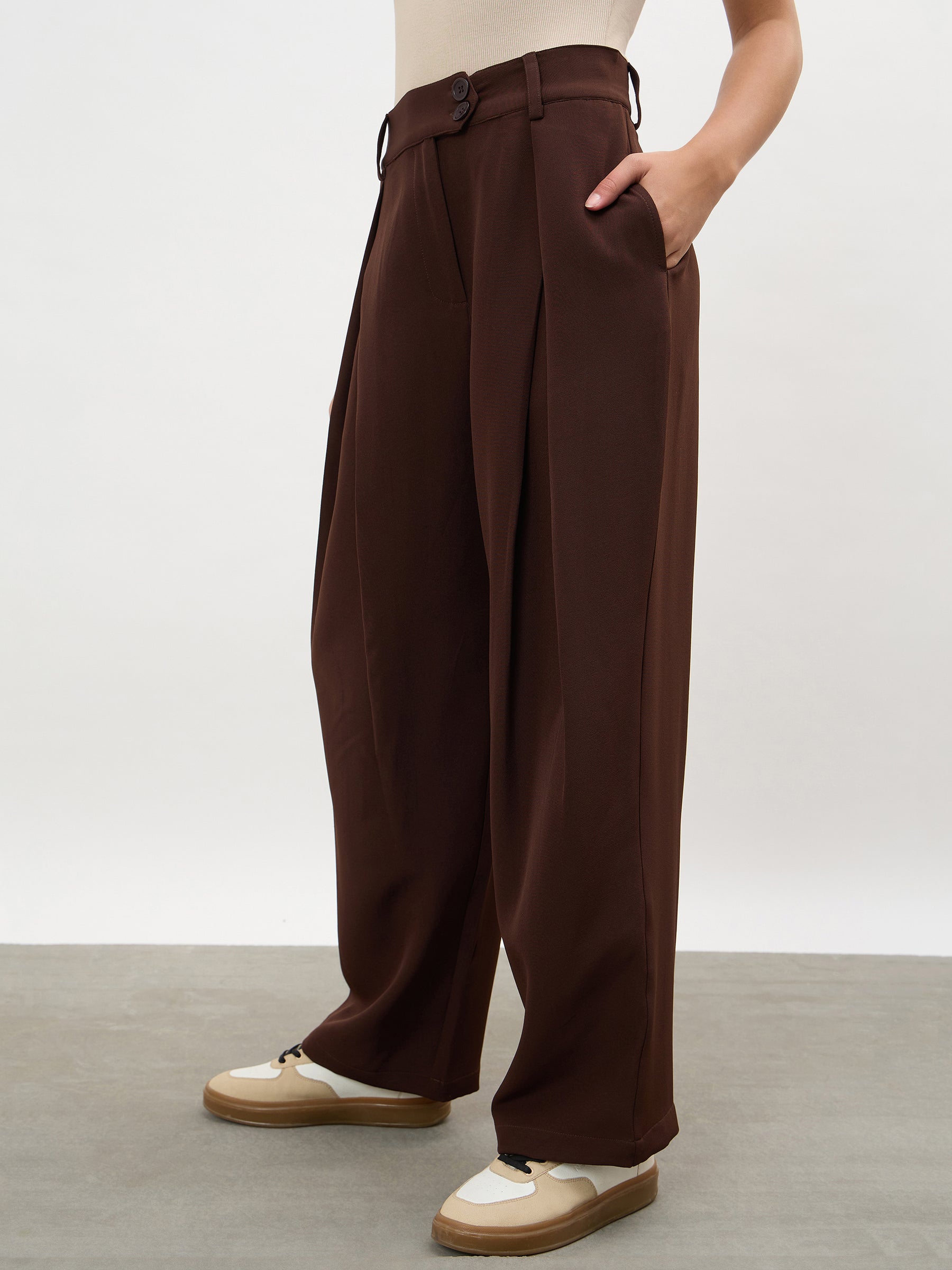 Dark Brown Overlapping Pleats Korean Pants-SASSAFRAS