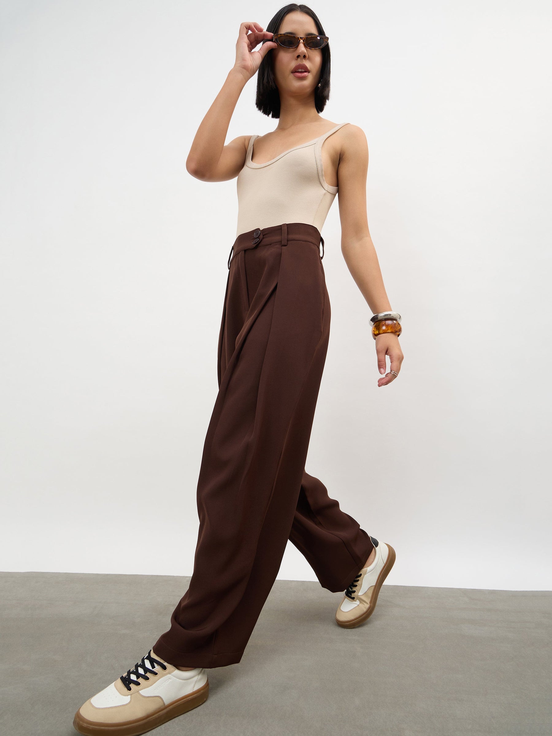 Women Dark Brown Overlapping Pleats Korean Pants