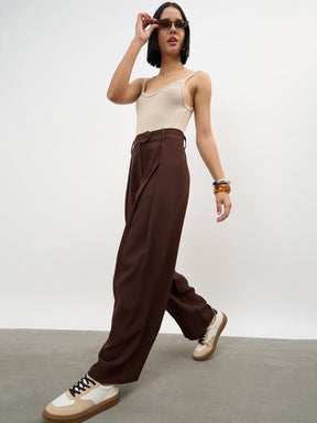 Women Dark Brown Overlapping Pleats Korean Pants