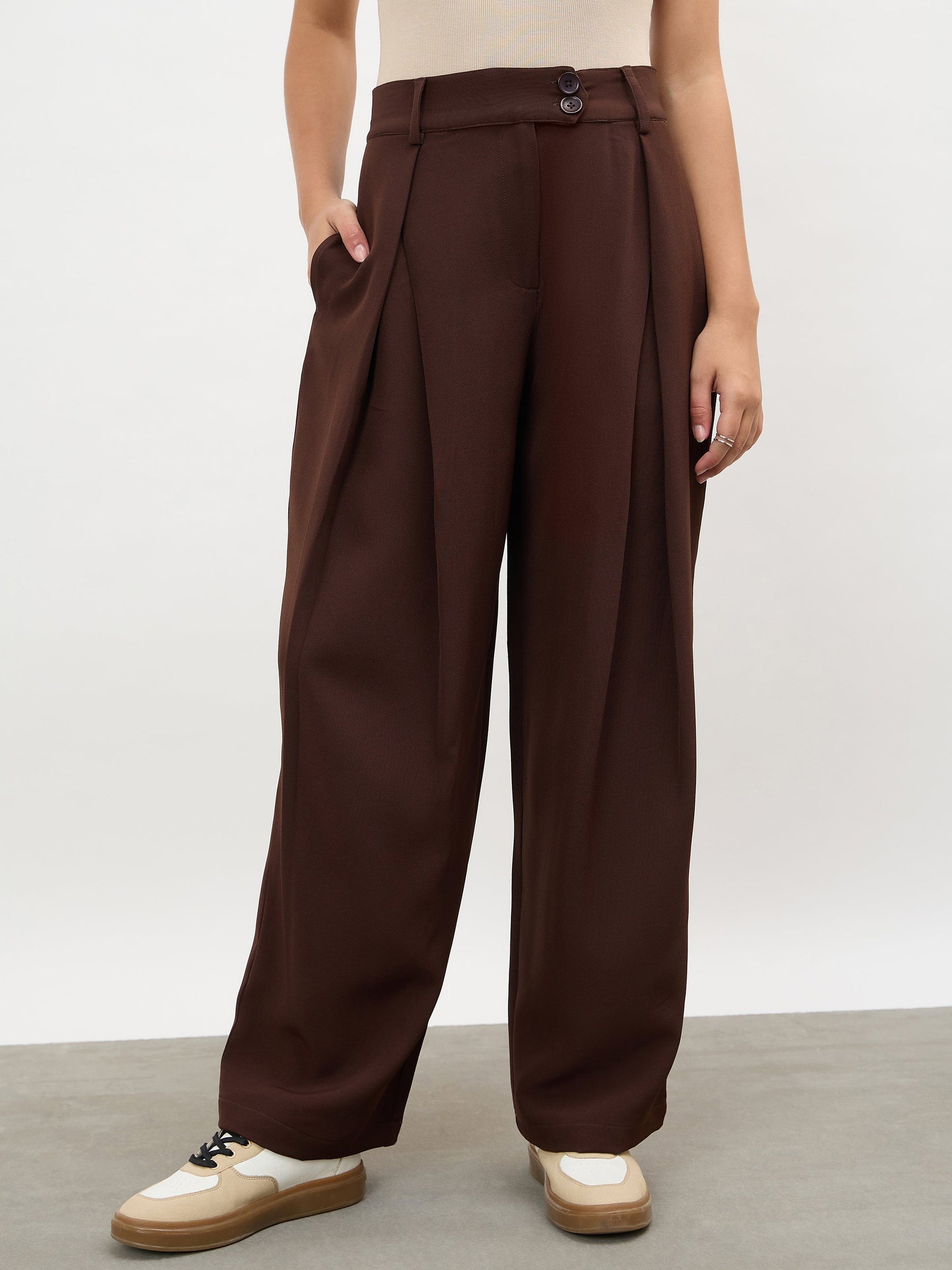 Women Dark Brown Overlapping Pleats Korean Pants