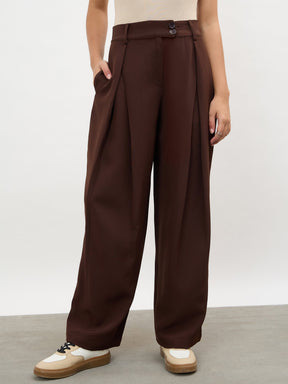 Women Dark Brown Overlapping Pleats Korean Pants