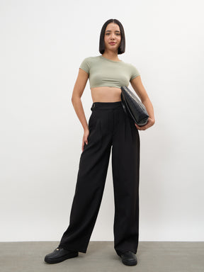 Black Double Waist Adjuster Korean Pants-SASSAFRAS