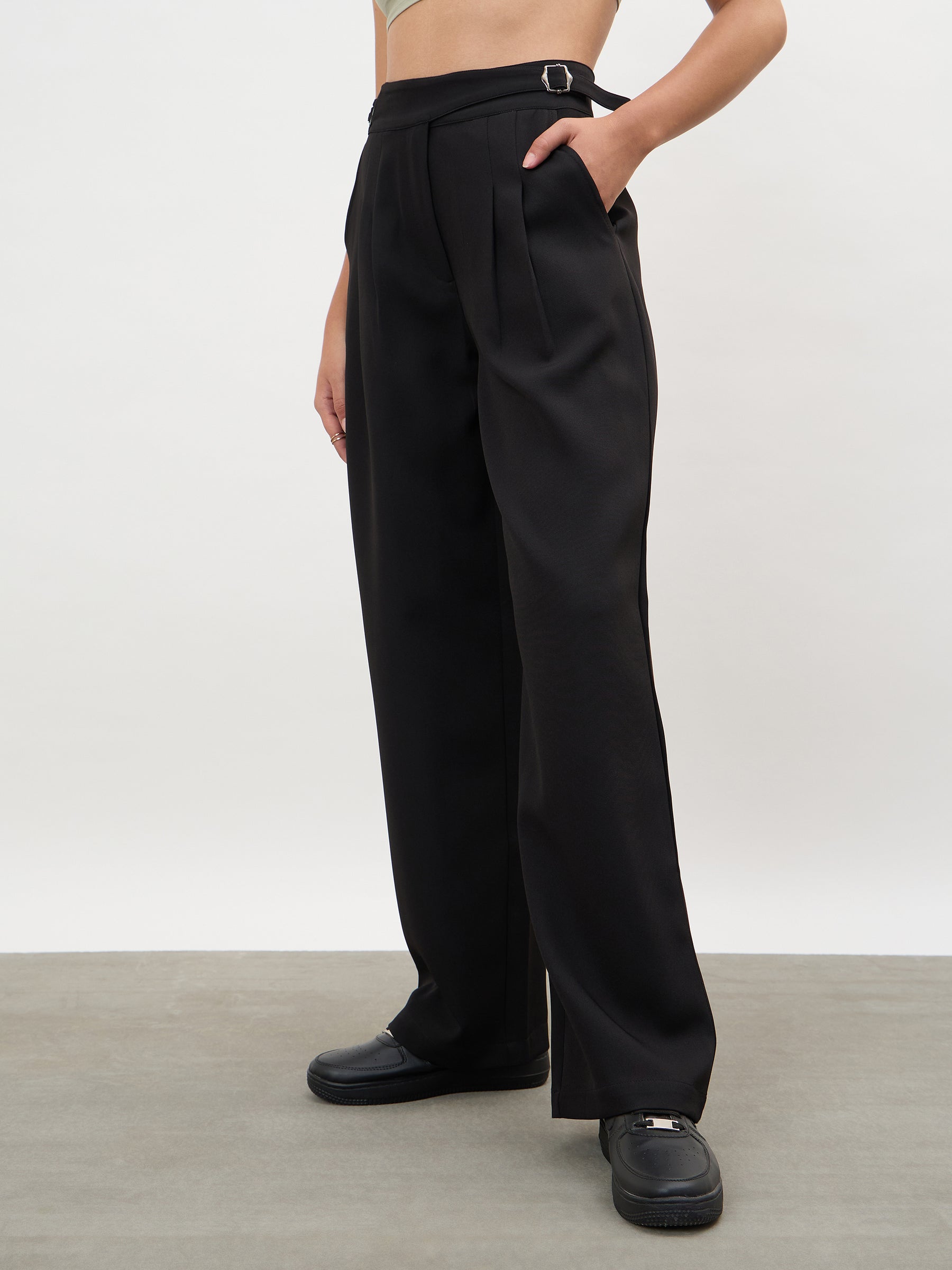 Black Double Waist Adjuster Korean Pants-SASSAFRAS