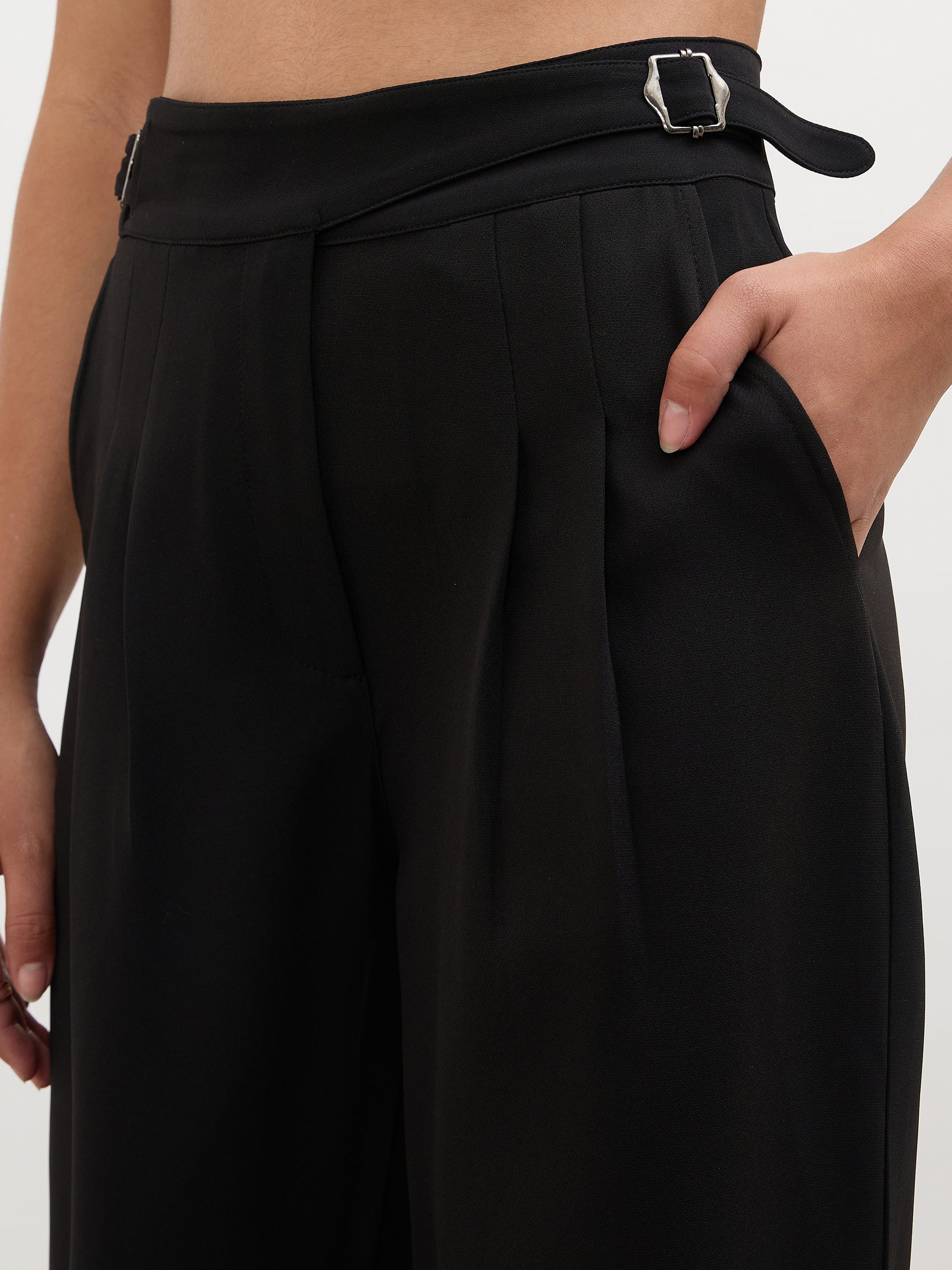 Black Double Waist Adjuster Korean Pants-SASSAFRAS