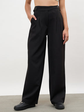 Women Black Double Waist Adjuster Korean Pants