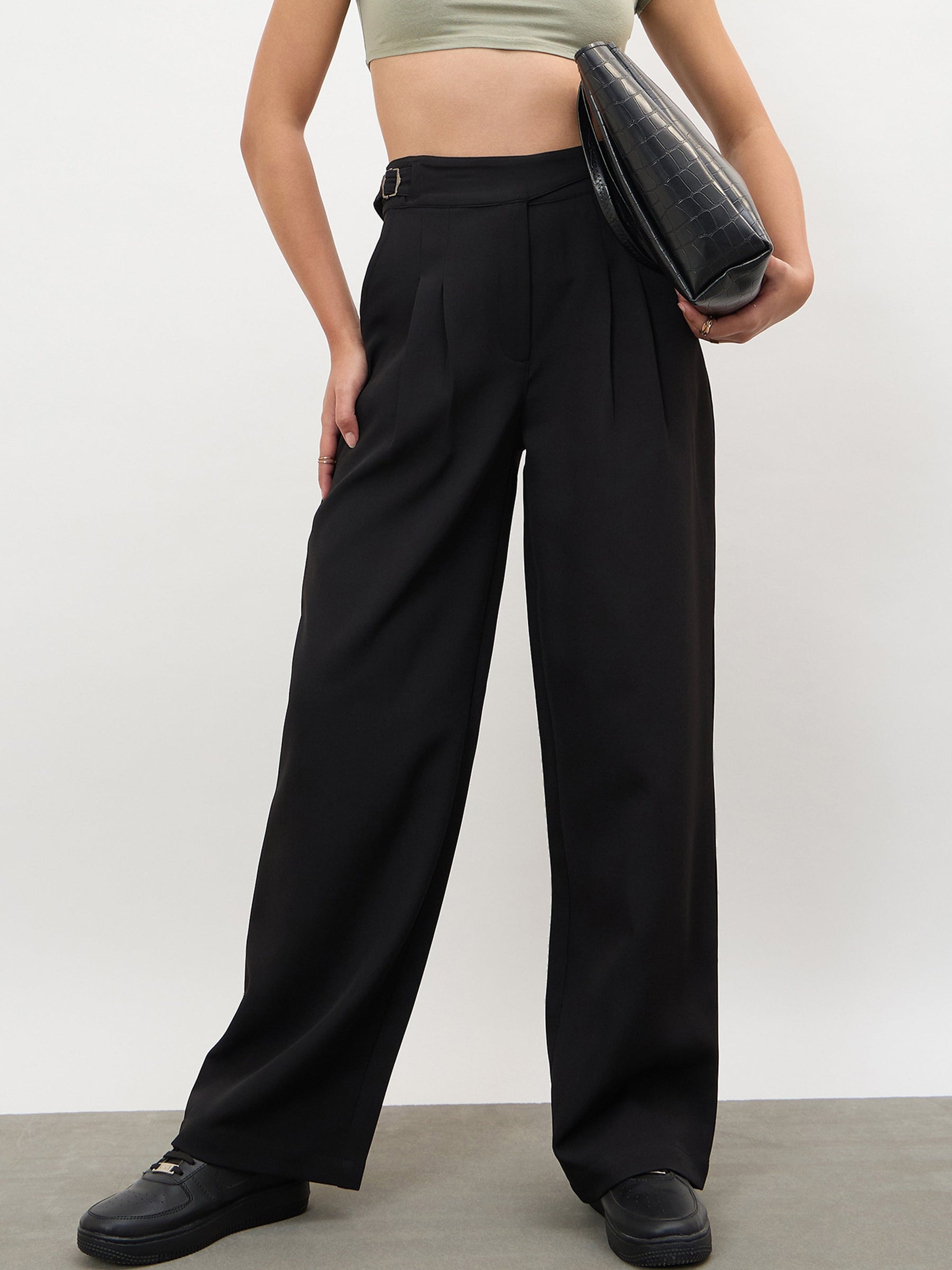 Women Black Double Waist Adjuster Korean Pants